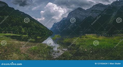 Panorama Of Beautiful Mountain Lake In The Swiss Alps Klontalersee