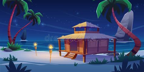 Beach Hut Or Bungalow At Night On Tropical Island Stock Vector