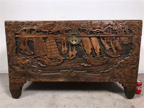 Vintage Chinese Relief Hand Carved Wooden Chest Asian Trunk 41w X 20d X 26h