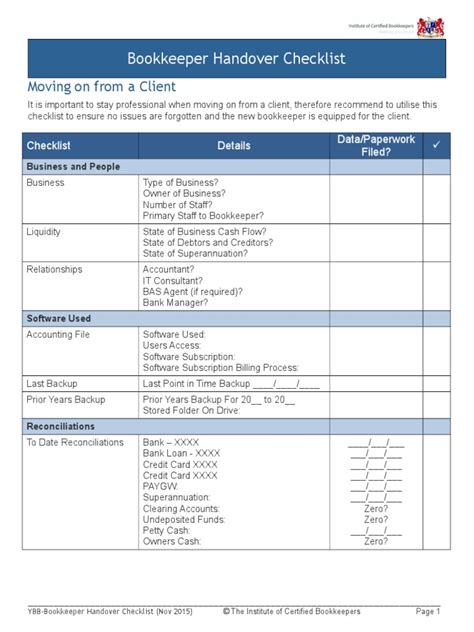 Bookkeeper Handover Checklist Bookkeeping Backup