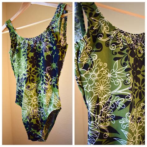 Vintage Ribbed Army Green Floral Bathing Suit Boho Swim Suit Etsy
