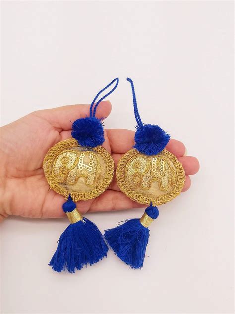 Set Of 2 Hand Embroidered Tassels Royal Blue And Gold Tassels Indian Tassels Boho Chic