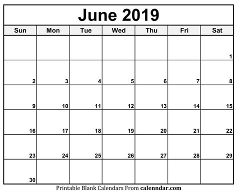 Blank Calendar Template 2019 June Calnda