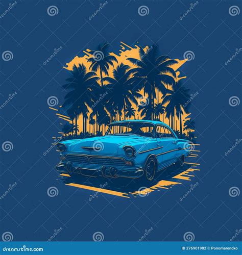T Shirt Design Old Retro Car On Sunset With Palm Trees Stock Vector