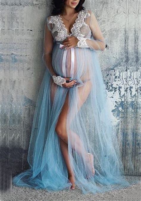 Search for info about dresses for maternity. Light Blue Lace Grenadine Bowknot Slit Deep V-neck For ...