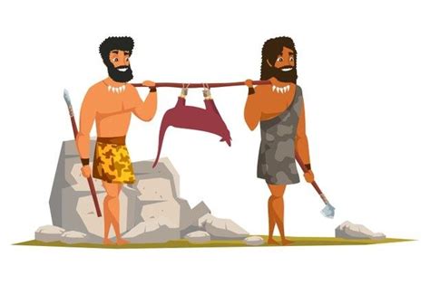 Stone Age People Carrying Animal Trophy Flat Illustration Prehistoric