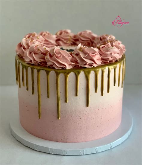pink and gold drip cake with rosettes buttercream birthday cake cake frosting designs cake