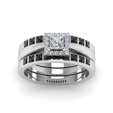 Princess Cut Square Halo Trio Wedding Ring Sets For Women With Black