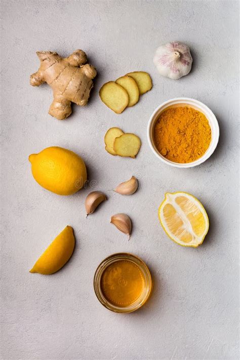Turmeric Ginger Honey Garlic Lemon Ingridients For Making Drinks