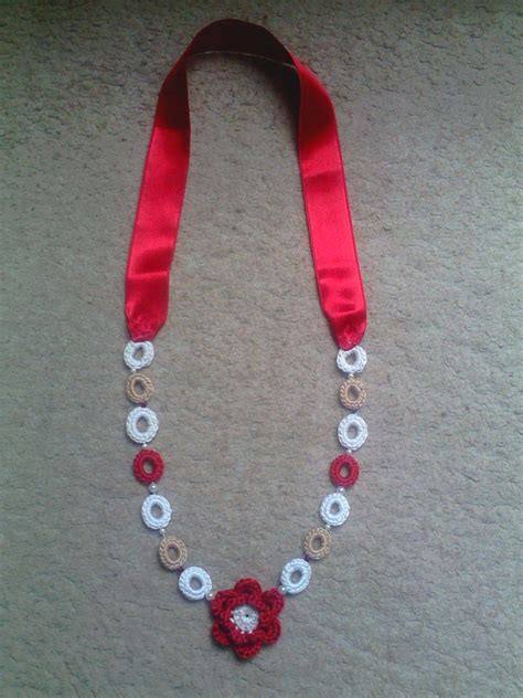 Handmade Necklace Combining Beads And Threads And Satin Ribbon
