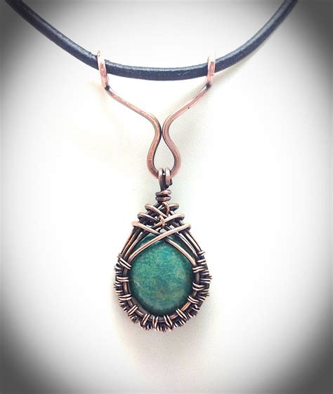 Copper Wire Weaved Genuine Turquoise Pendant With Leather Cording