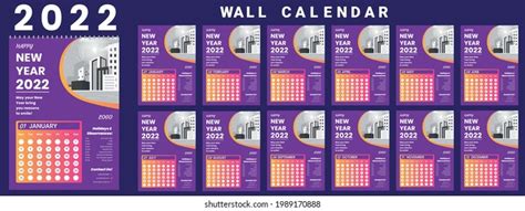 Vektor Stok Printable Calendar 2022 Wall Calendar Week Tanpa Royalti