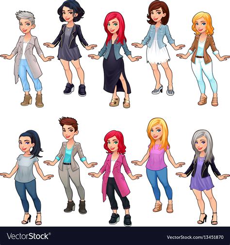 Set Of Female Cartoon Fashion Characters Vector Image