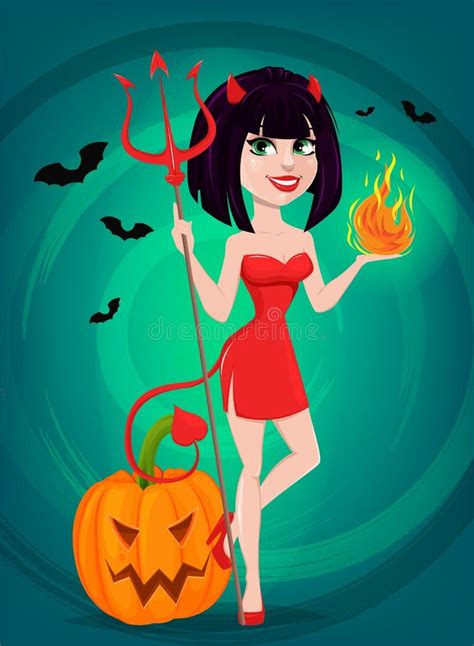 Devil Girl For Halloween She Devil With Trident In One Han Stock Vector Illustration Of Devil