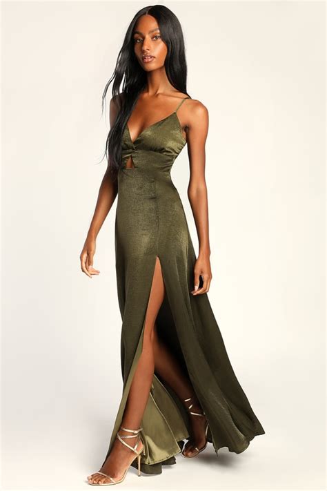 Olive Green Dress Brushed Satin Dress Sleeveless Maxi Dress Lulus
