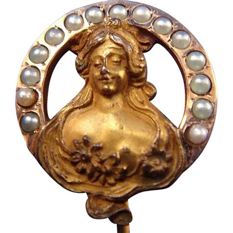 Antique Art Nouveau Woman Goldplate Stick Pin W Seed Gem