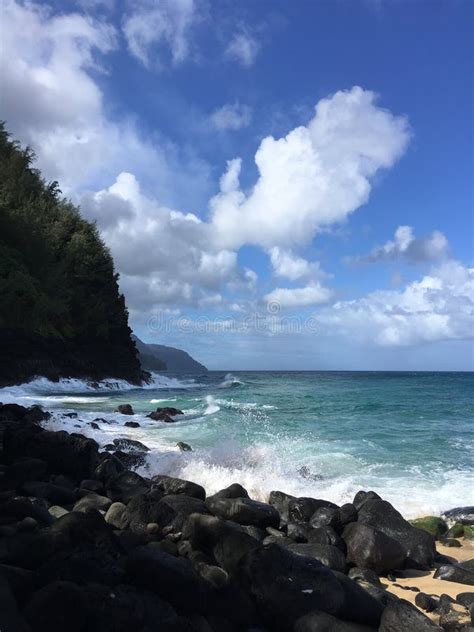 Ocean Waves Along Napali Coast On Kauai Island Hawaii Stock Image