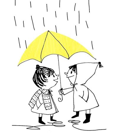 Be Kind Kids Sharing A Yellow Umbrella In The Rain Pen Line Drawing