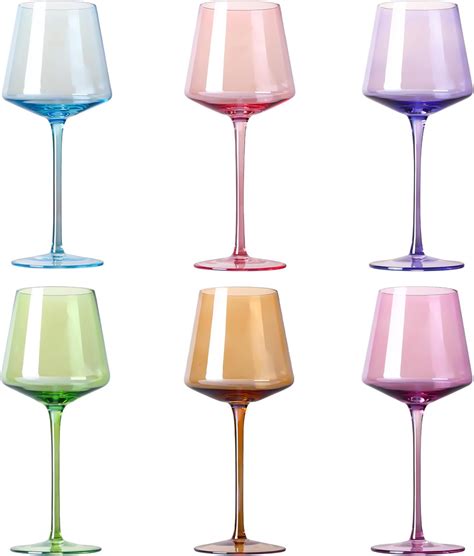 Physkoa Colored Wine Glasses Set Of 6 16oz Hand Blown Crystal Wine Glasses Stylish