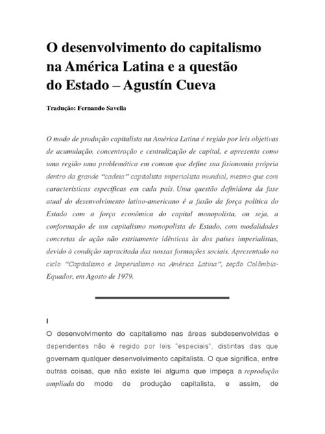 O Desenvolvimento Do Capitalismo Na América Latina E A Questão Do Estado Agustín Cuevapdf