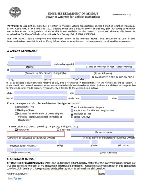Free Tennessee Motor Vehicle Power Of Attorney Form Pdf