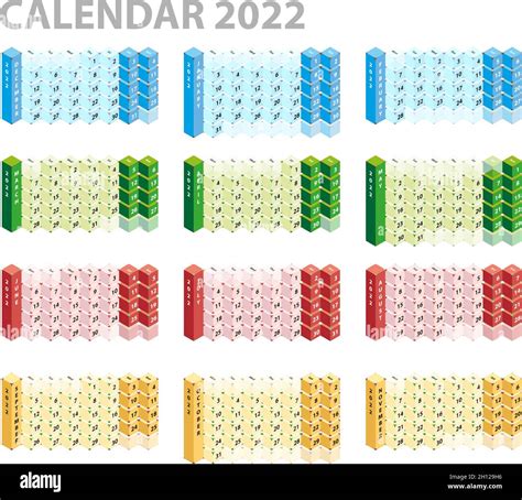 Calendar 2022 Isometric Colored Cubes Vector Illustration Stock
