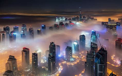 Hd Wallpaper Cityscape Skyscraper Mist Lights Architecture Urban