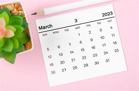 The March 2023 Monthly Calendar For 2023 Year On Pink Background Stock