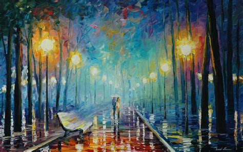 Couple Walking In The Rain Painting Lovers Rain Umbrella Trees Hd