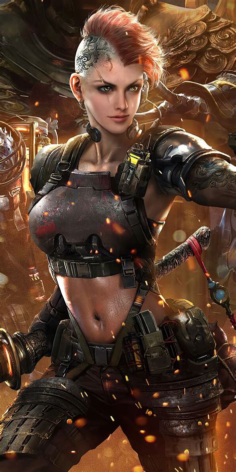 1080x2160 Cyberpunk Futuristic Girl With Gun And Sword 4k One Plus 5t