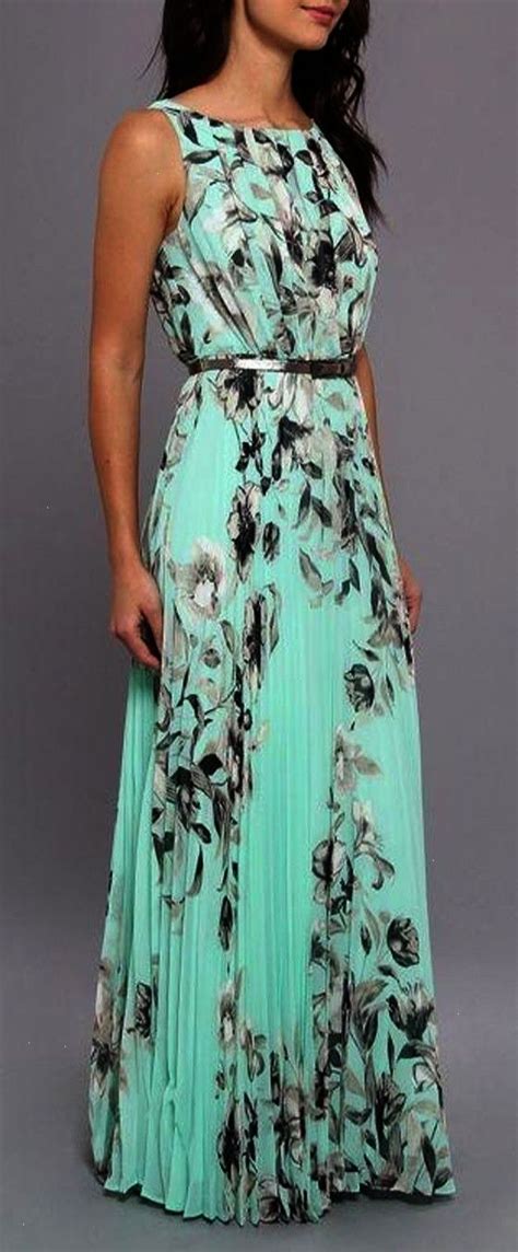 Green Floral Pleated Sleeveless Floor Length Chiffon Maxi Dress