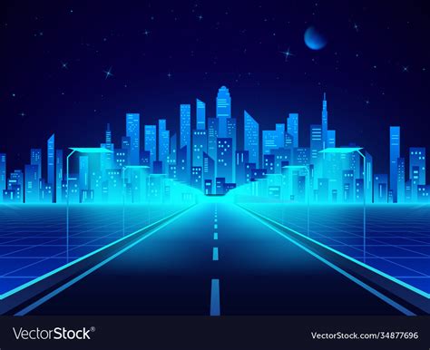 Neon Retro City Landscape In Blue Colors Highway Vector Image