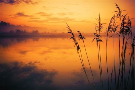 River Reeds Sunset Scenery Photo Free Download