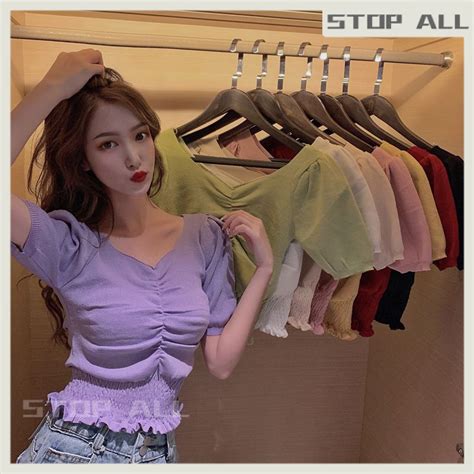 Purple Knitted Short Sleeved T Shirt Womens Summer 2023 New Korean Style V Neck Pleated Bubble
