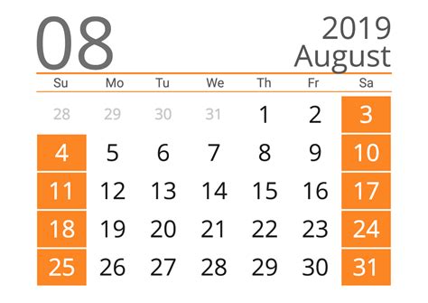 August 2019 Calendar With The Us Holidays