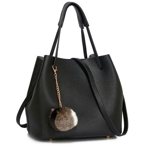 Wholesale Bags Ag00190 Black Hobo Bag With Faux Fur Charm