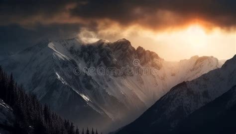 Majestic Mountain Peak Tranquil Scene Back Lit Generated By Ai Stock