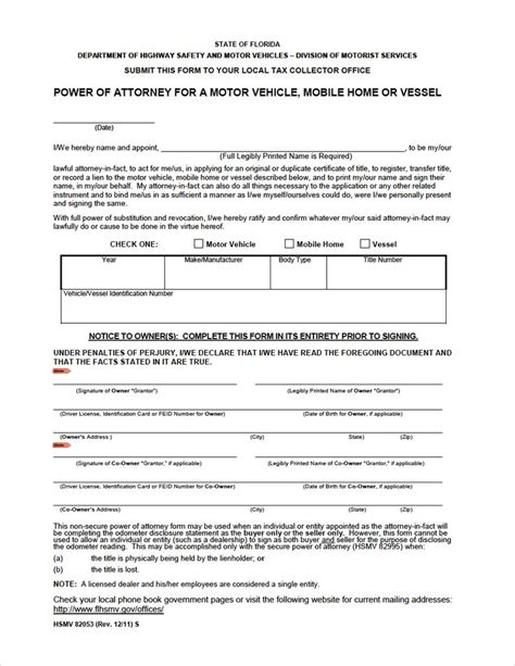 Florida Motor Vehicle Power Of Attorney Form Hsmv 82053 Power Of