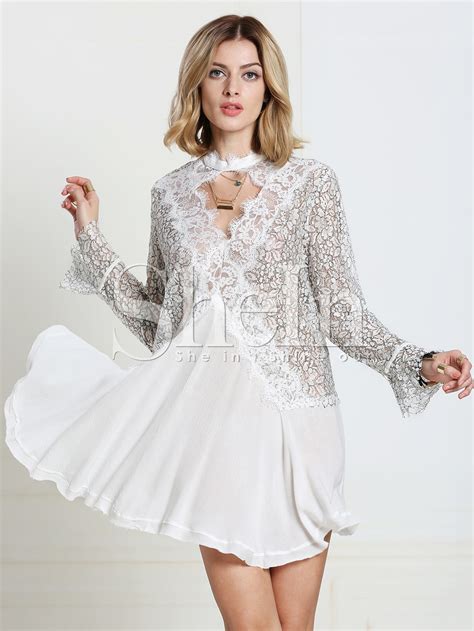 White Long Sleeve With Lace Dress Sheinsheinside