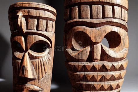 Wooden Polynesian Tiki Masks With Decor In Form Of Teeth Stock Illustration Illustration Of