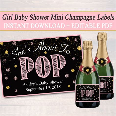 This is the blue set, see the baby shower labels in pink set for girls. EDITABLE Girl Baby Shower Mini Champagne Labels, Printable Labels, INSTANT DOWNLOAD, She's About ...