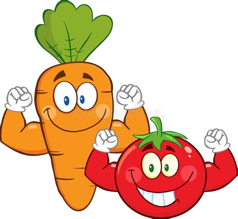 Karotten Und Tomaten Karikatur Maskottchen Charaktere Die Muskel Arme