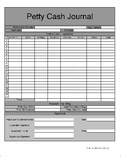 Free Numbered Row Petty Cash Journal From Formville