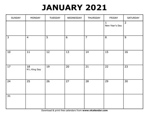 Printable January 2021 Calendar Free Letter Templates
