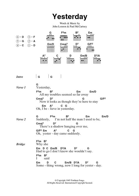 Yesterday Sheet Music The Beatles Guitar Chordslyrics