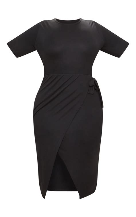 Plus Black Tie Detail Midi Dress Plus Size Prettylittlething Ca