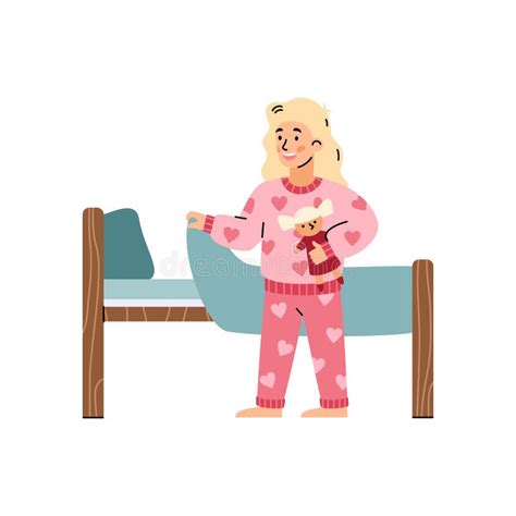 Cute Girl In Pink Pajama Going To Sleep Cartoon Vector Illustration