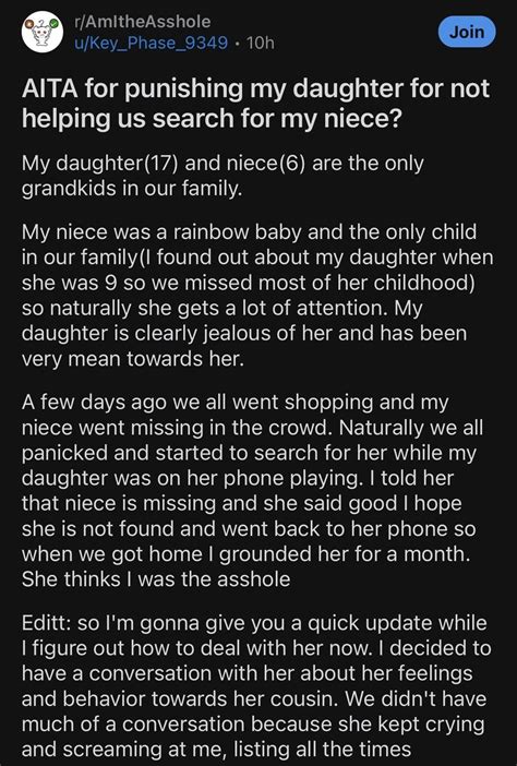 “aita For Punishing My Daughter For Not Helping Us Search For My Niece