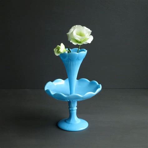 Vintage Turquoise Blue Milk Glass Epergne Portieux Vallerysthal Vase