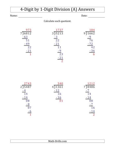 4 Digit By 1 Digit Long Division With Remainders And Steps Shown On